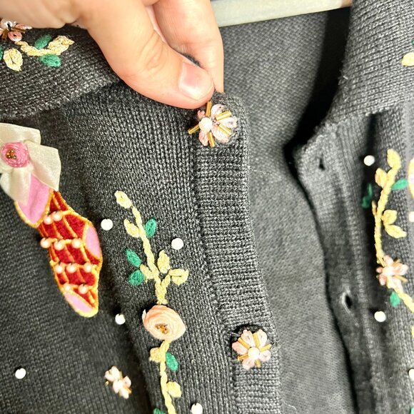 Vtg Christmas Stockings Beaded Festive Button-Up Cardigan Grandma Sweater Sz XL - Picture 4 of 7